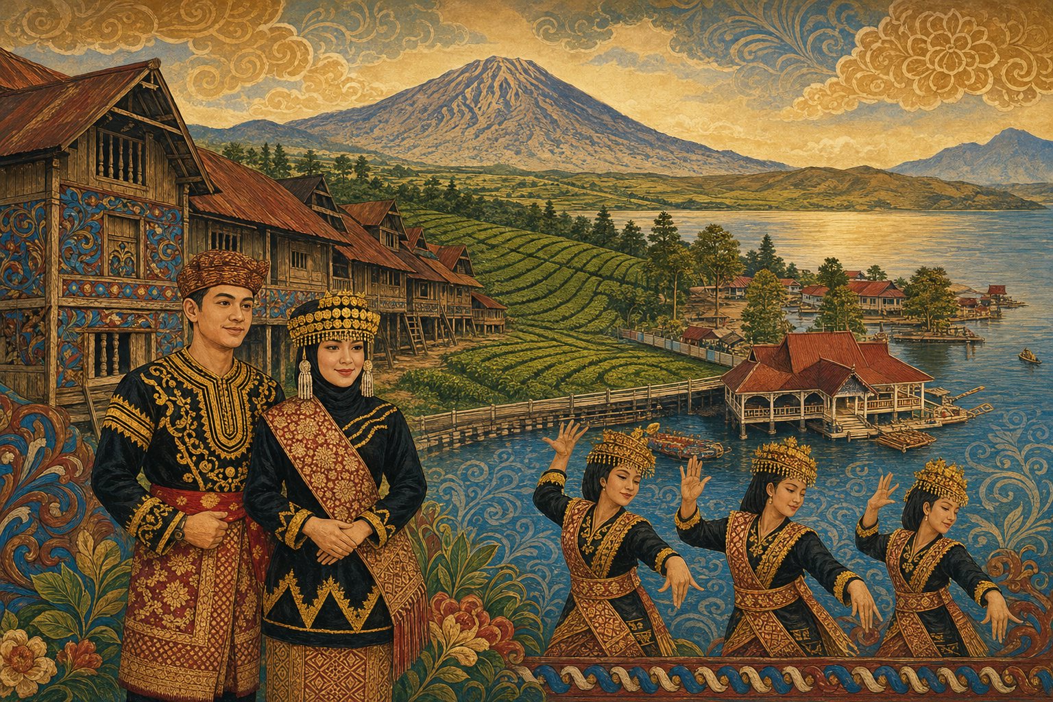 Lukisan mural Kerinci: Gunung Kerinci, kebun teh, Danau Kerinci dan dermaga, rumah larik berukir, pasangan berpakaian adat, penari berkuluk